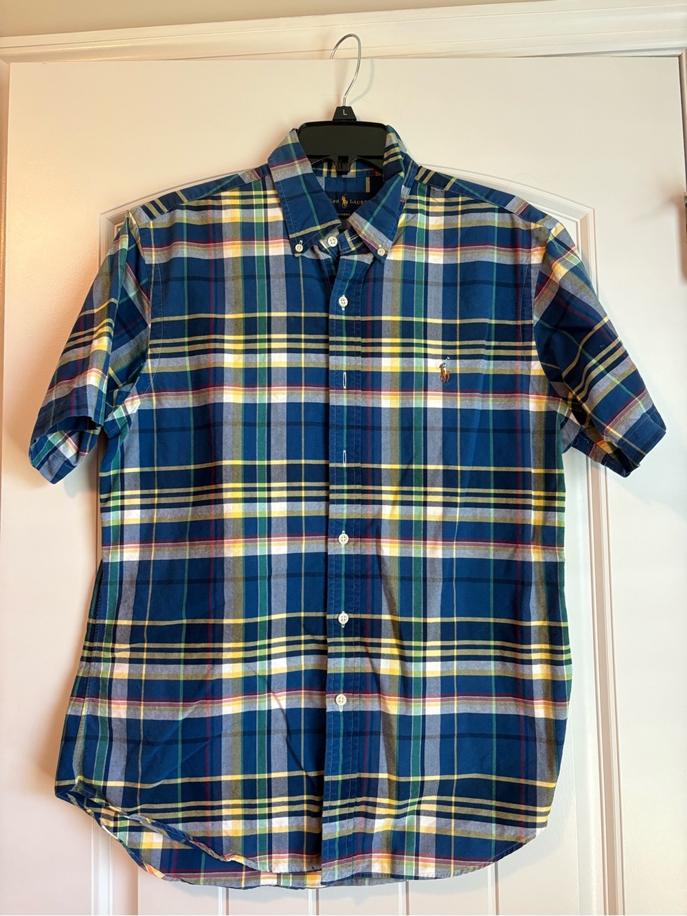 Polo by Ralph Lauren Navy and Yellow Plaid Short-Sleeve Button-Down Shirt